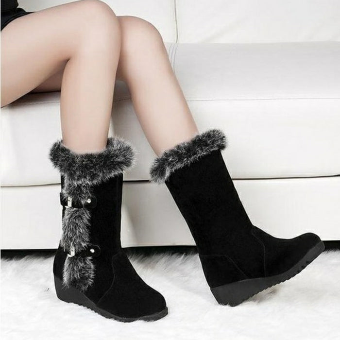Marrom novo inverno feminino casual pele quente meados de bezerro botas sapatos femininos deslizamento-on dedo do pé redondo botas de neve sapatos