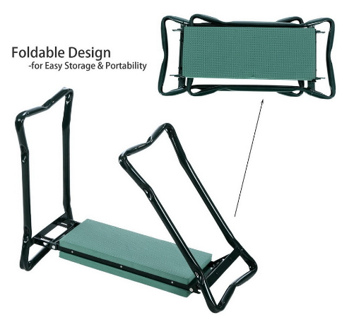 Chaise de banc de pelouse extérieure pliable avec pochette à outils, repose-jardin