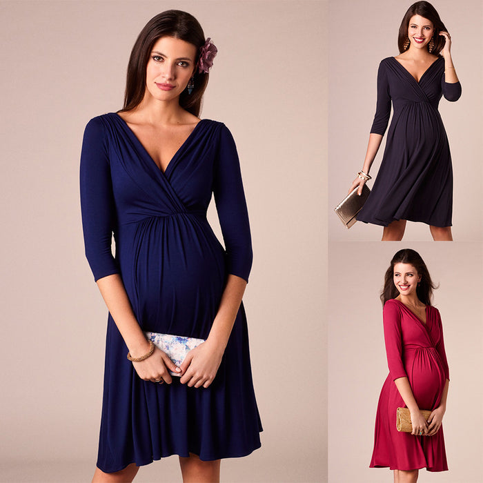 Pleated Deep V Neck Fashion Party Evening Maternity Dress