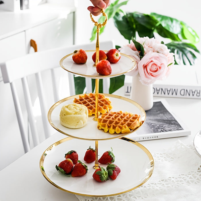 Decorative Tray European Gold Phnom Penh Ceramic Three-layer Fruit Tray Cake Stand Home Living Room Tea Table Afternoon Tea Candy Dessert Dessert Tray
