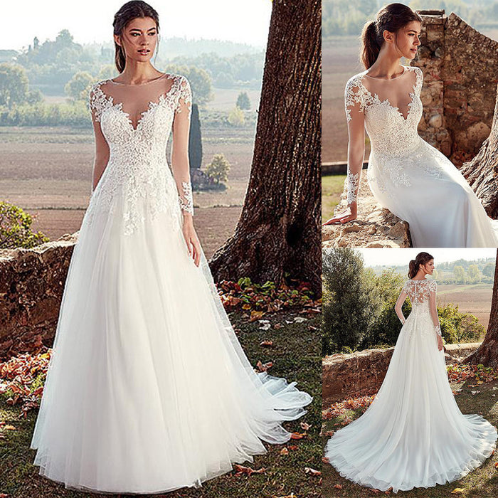 Abito da sposa semplice a coda lunga con scollo a U in pizzo a maniche lunghe e linea lunga